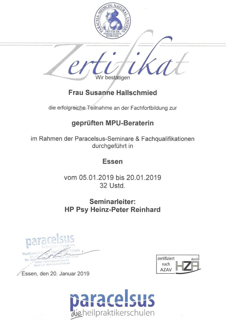 Zertifikat als geprüfte MPU-Beraterin